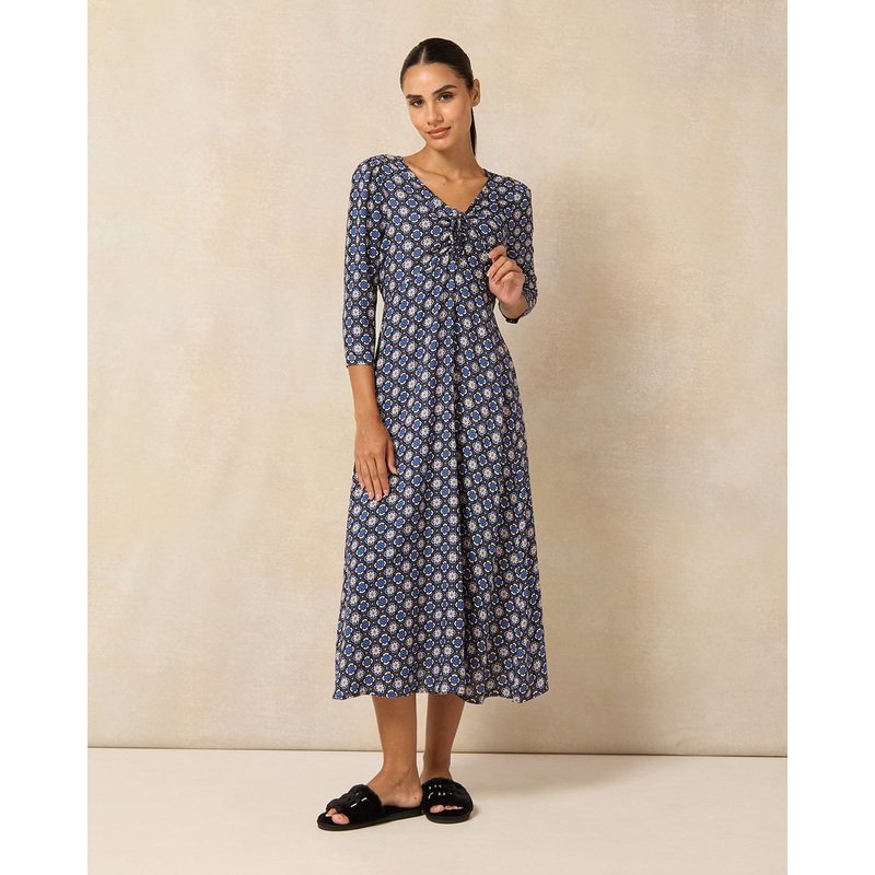 Women Navy Allover Print A Line Midi Dress
