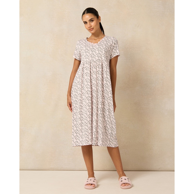 Women Pink Blossom Printed Knitted Nightgown