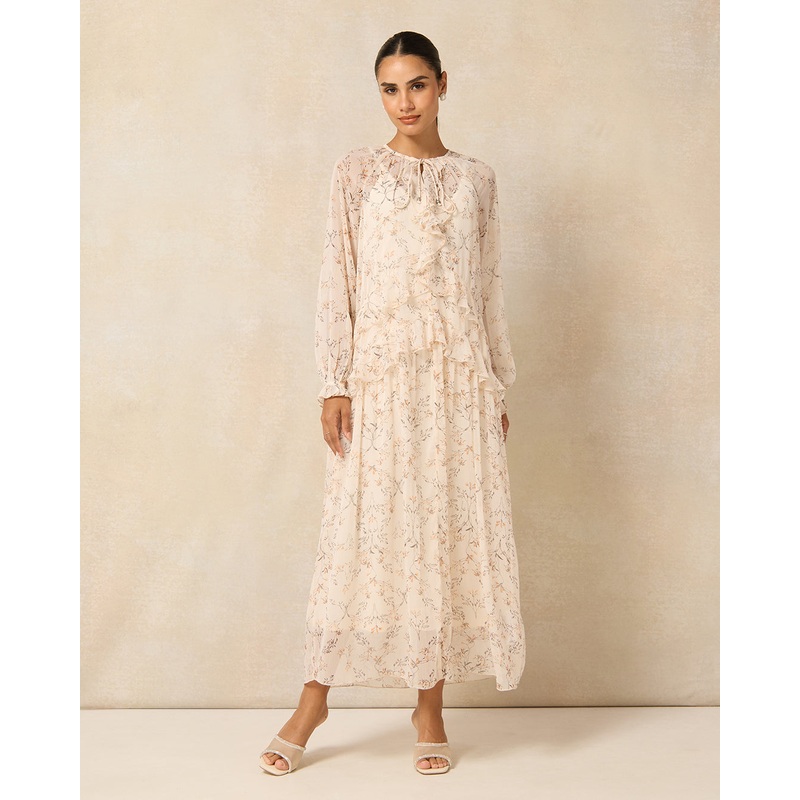 Women Pink Printed Ruffle Boho Maxi Dress