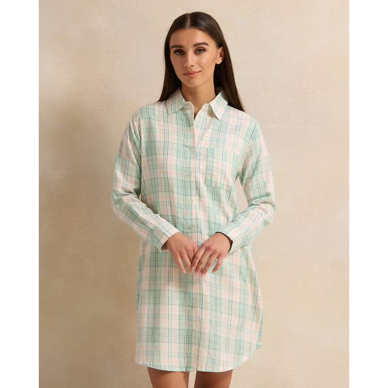 Women White And Green Checkered Nightshirt