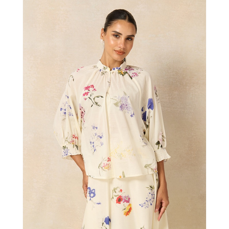 Women White Cotton Floral Printed Blouse With 3D Buttons