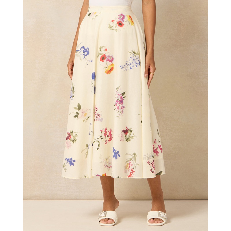 Women White Cotton Floral Printed Skirt