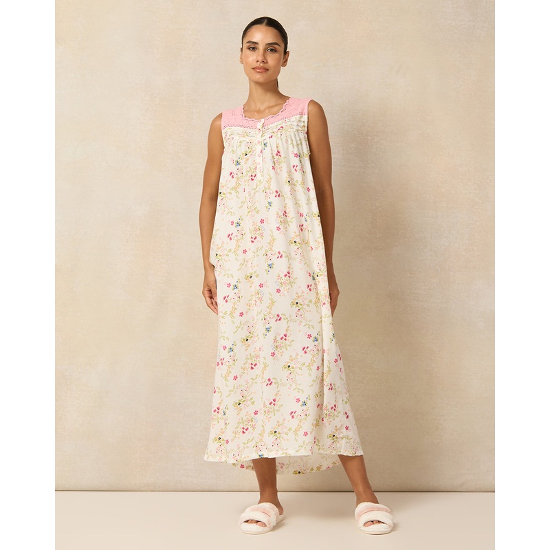 Women White Floral Sleeveless Nightgown