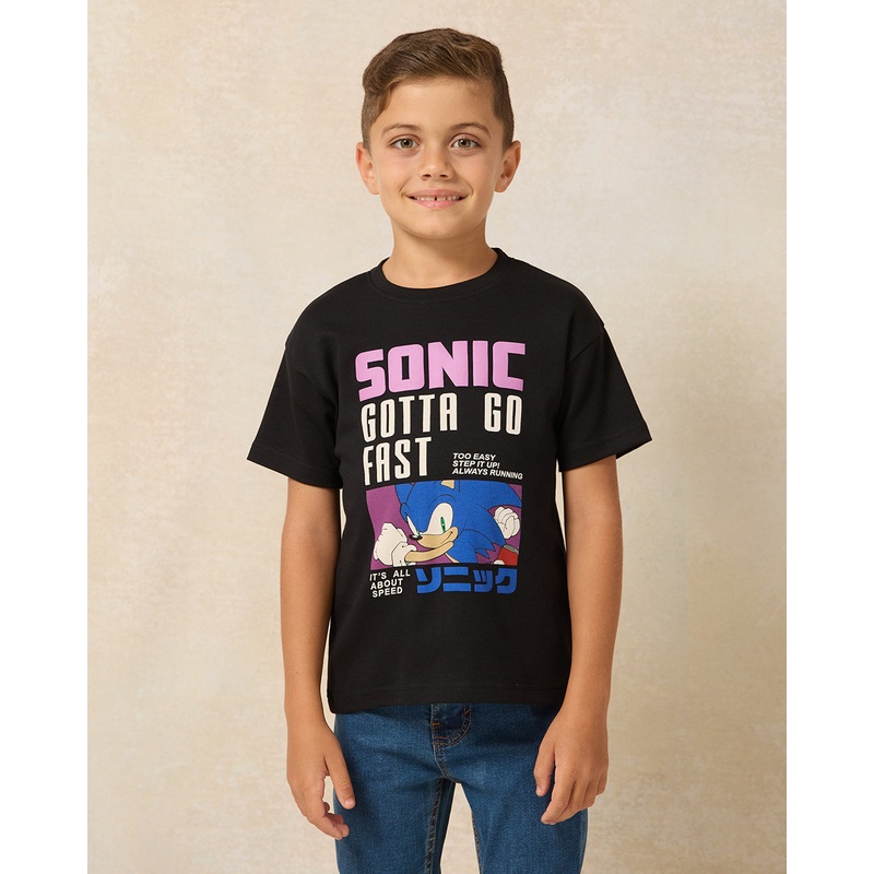 Boys Black Sonic Printed T-Shirt