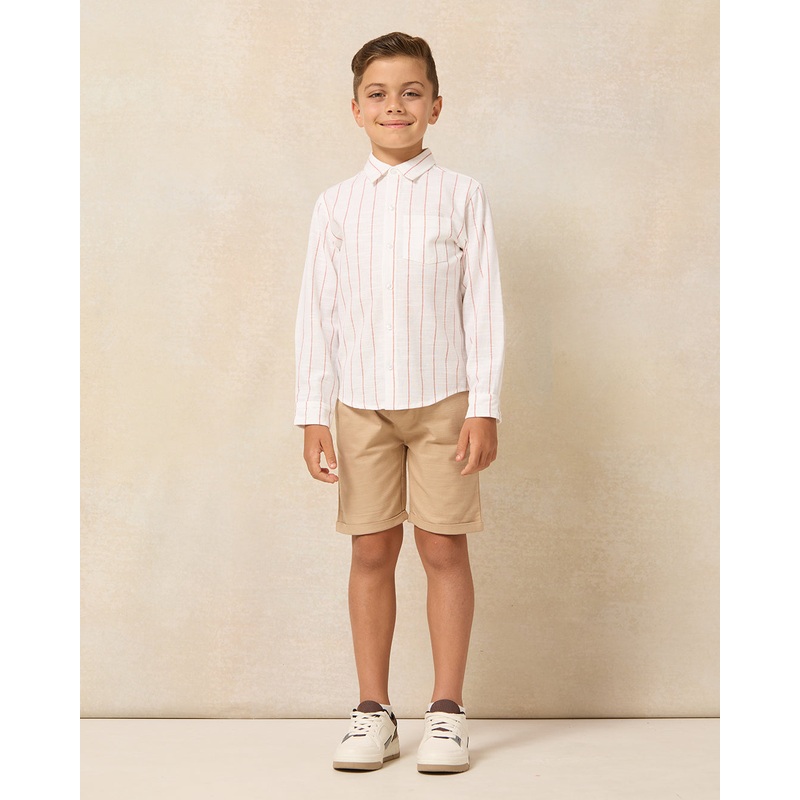 Boys White And Beige Shirt With Shorts Set (2 Piece)