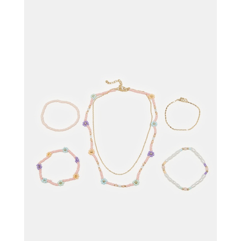 Girls Gold-Pearl Embellished Necklace& Bracelets Set (5 Piece)