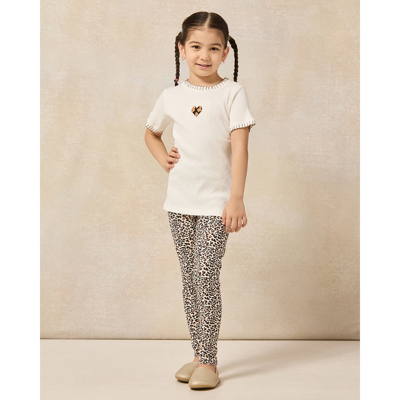 Girls Ivory Printed T-shirt And Leggings Set (2 Piece)