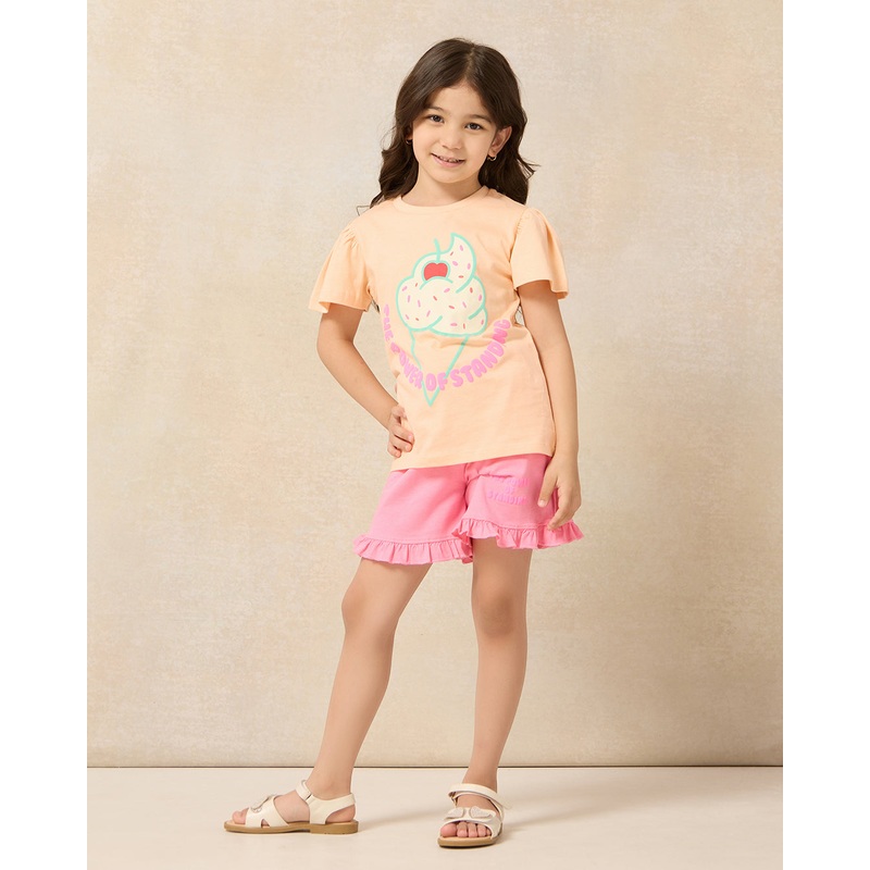 Girls Peach Printed Tee And Pink Shorts Casual Set (2 Piece)