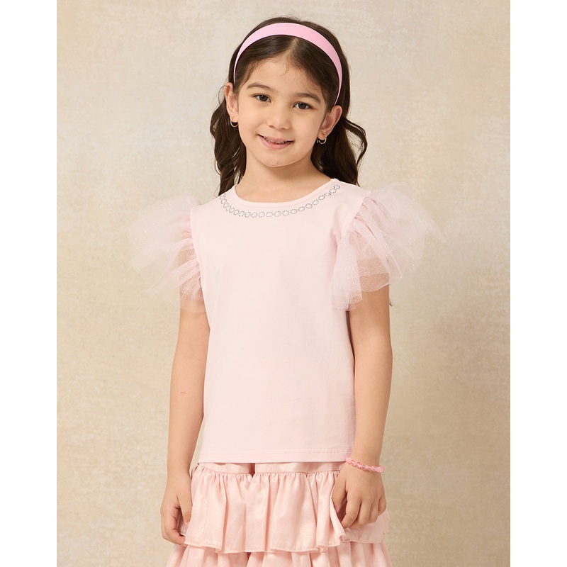Girls Pink Embellished Flutter Sleeve T-Shirt