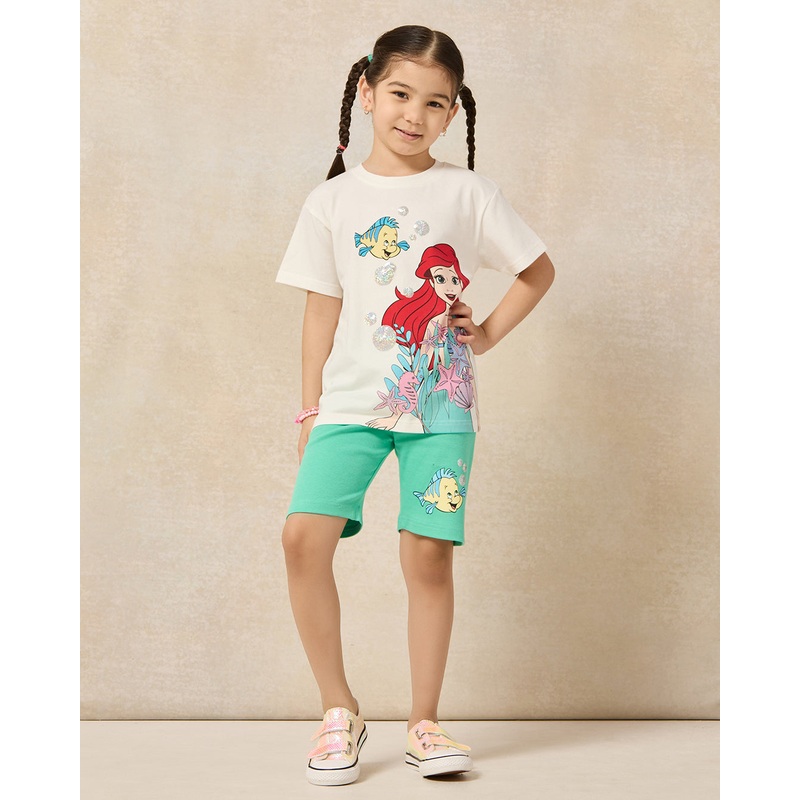 Girls White Ariel T-Shirt And Green Flounder Print Shorts Set (2 Piece)
