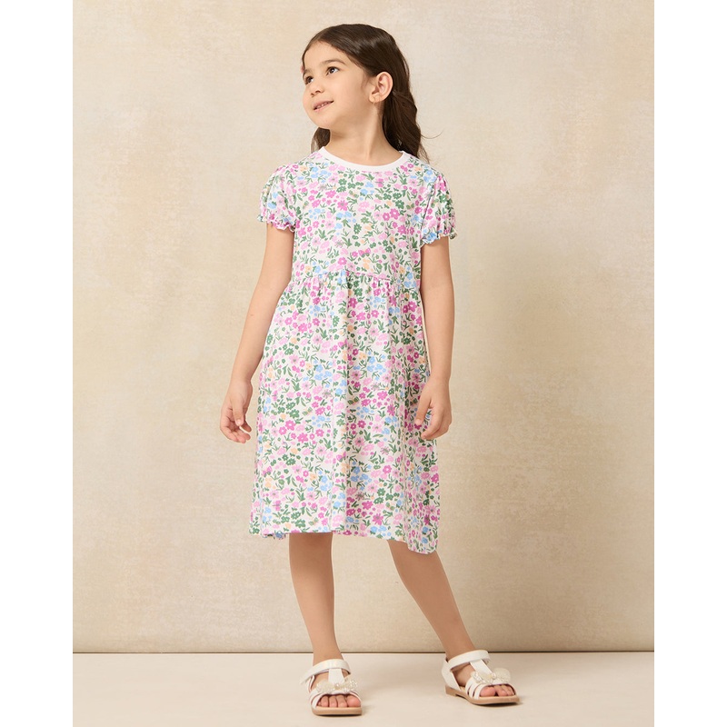 Girls White Floral Balloon Sleeve Knit Dress