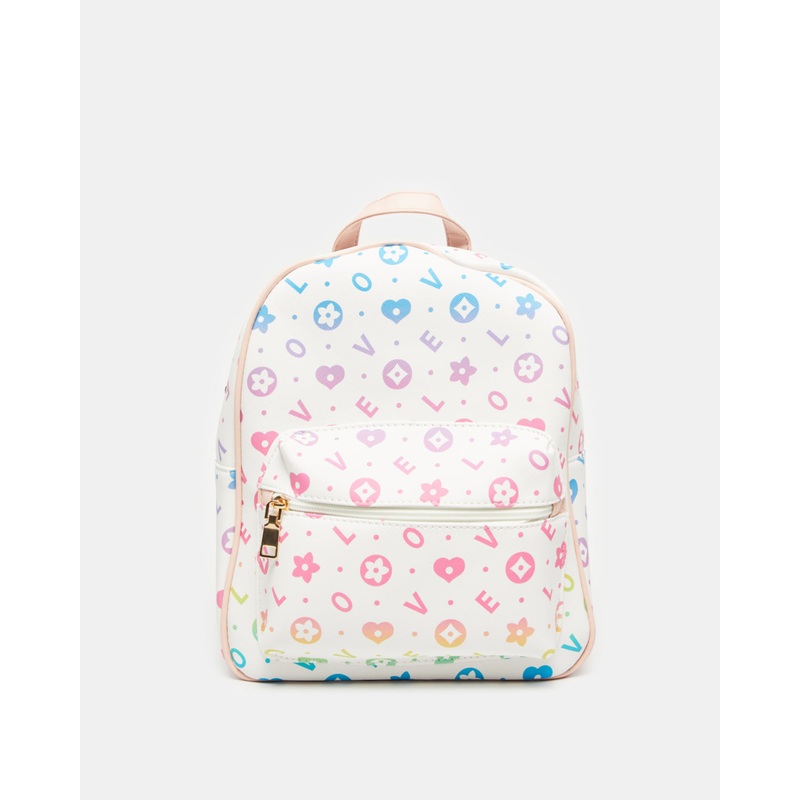 Girls White Printed Backpack