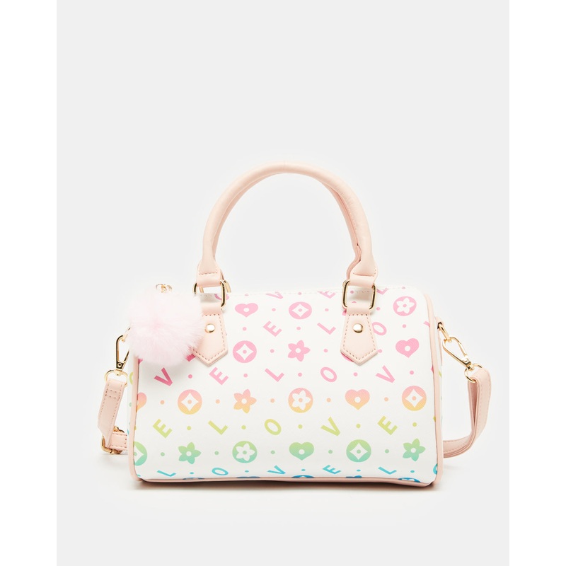 Girls White Printed Bollin Bag