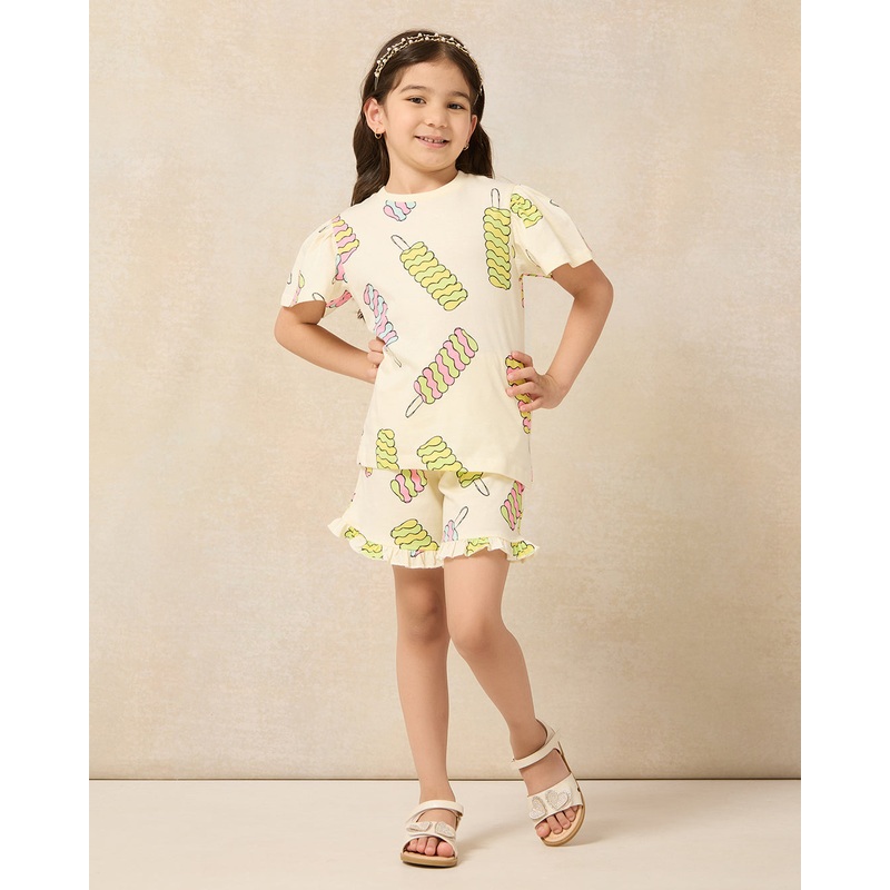 Girls Yellow Printed Tee And Shorts Casual Set (2 Piece)