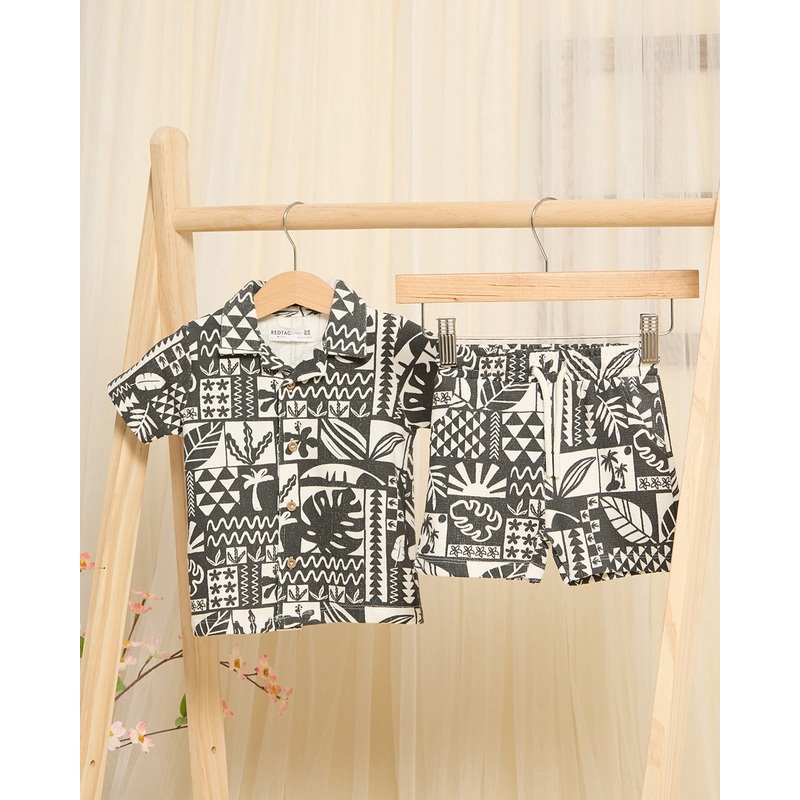 Infant Boys Black Jacquard Printed Shirt And Short Set (2 Piece)