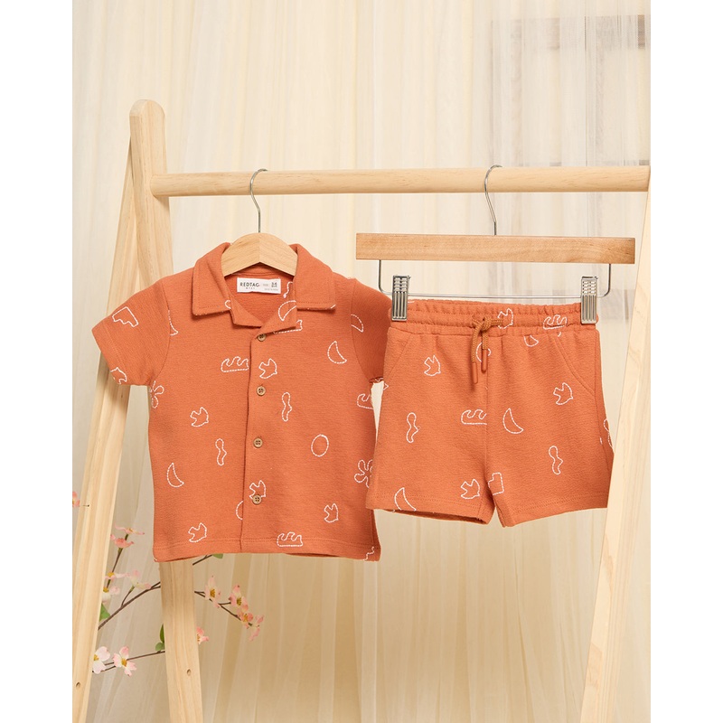 Infant Boys Orange Jacquard Printed Shirt And Short Set (2 Piece)