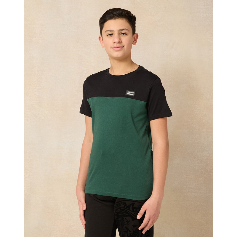 Senior Boys Black And Green Cut And Sew T-Shirt