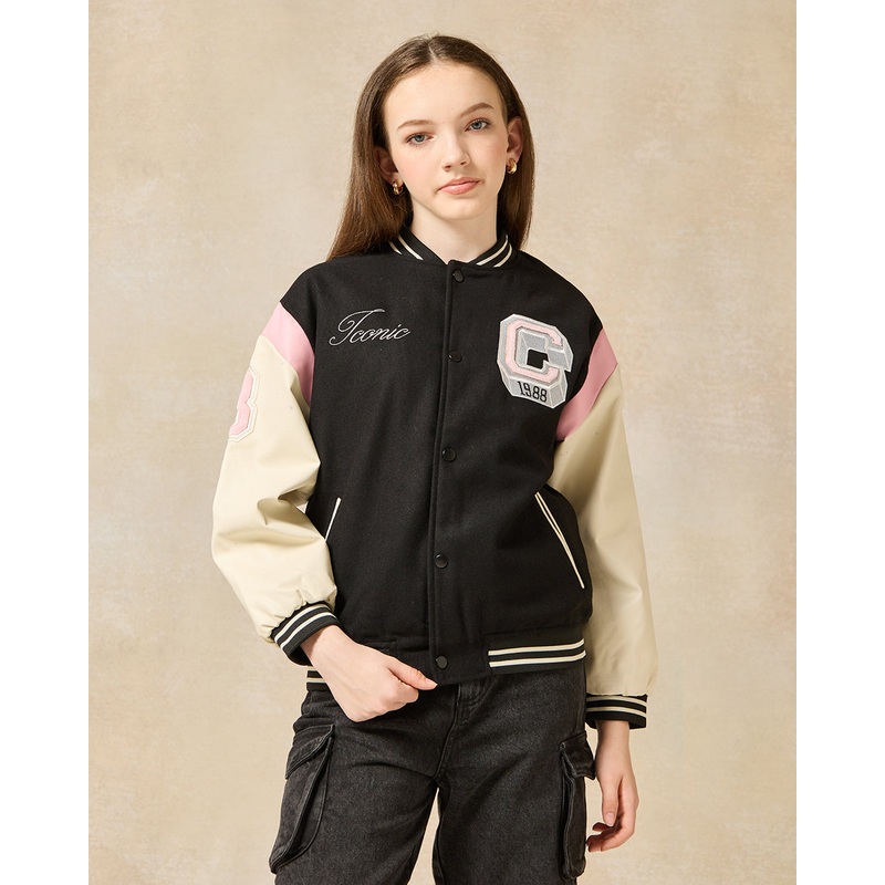 Senior Girls Black And White Melton Baseball Jacket