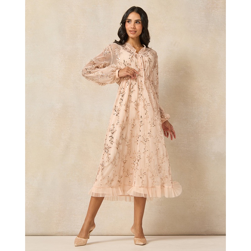 Women Apricot Sequin Embellished Mesh Dress