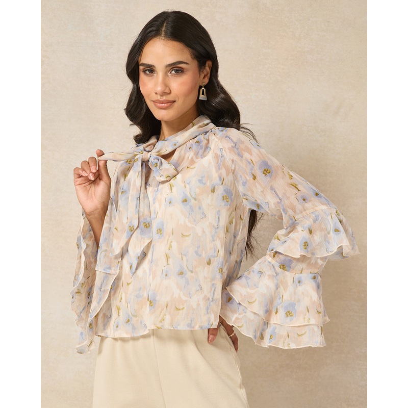 Women Blue Ruffle Neck Tie Boho Blouse