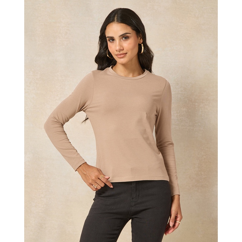 Women Brown Long Sleeve Basic T-Shirt