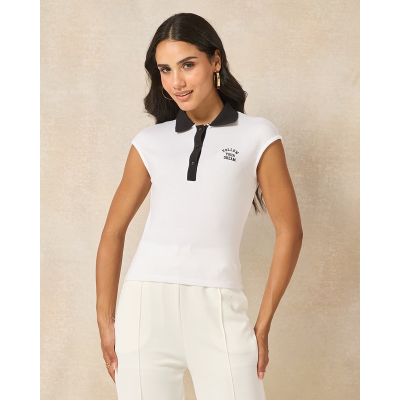 Women Ivory Contrast Collar Detailed Drop Shoulder Polo T-shirt