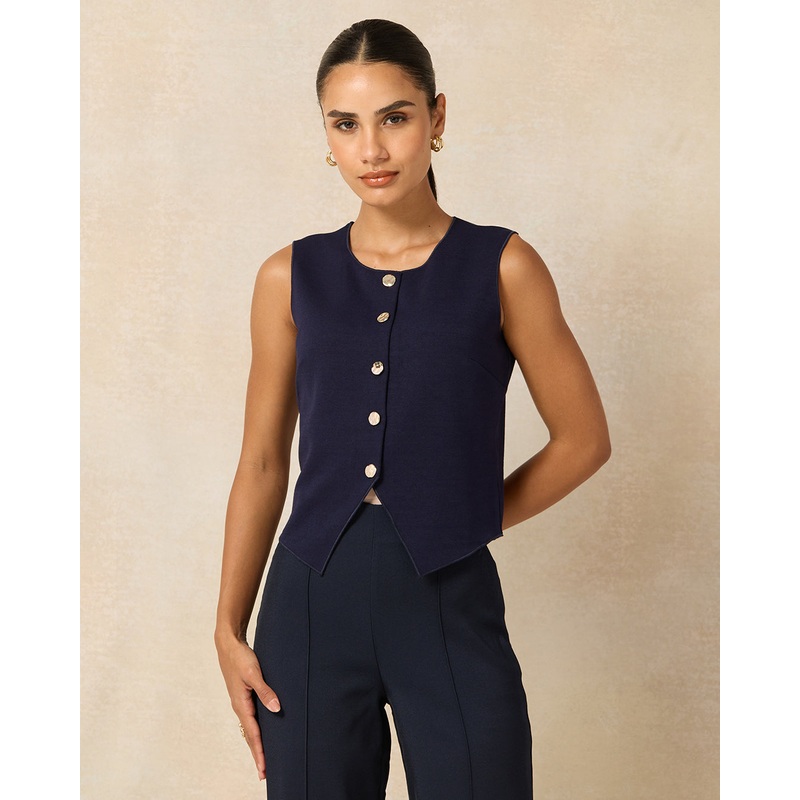Women Navy Vest With Gold Button
