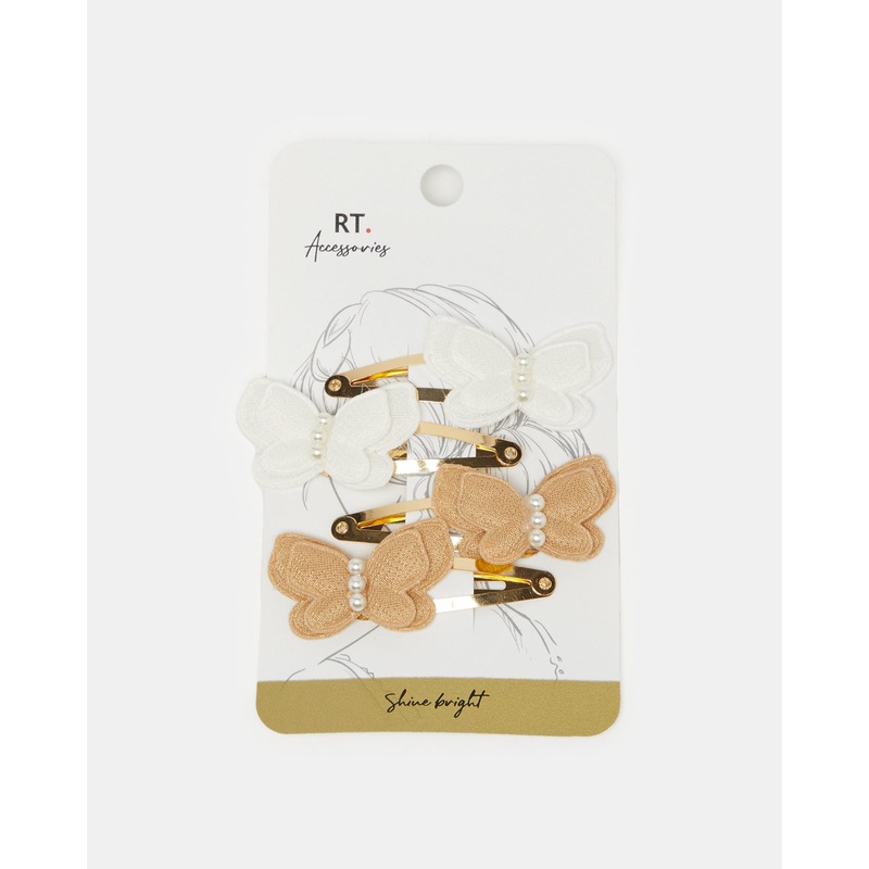 Women White And Brown Embellished Hair Clip Set (4 Piece)