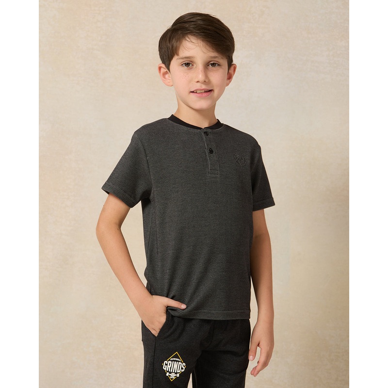 Boys Black Waffle Short Sleeve Henley