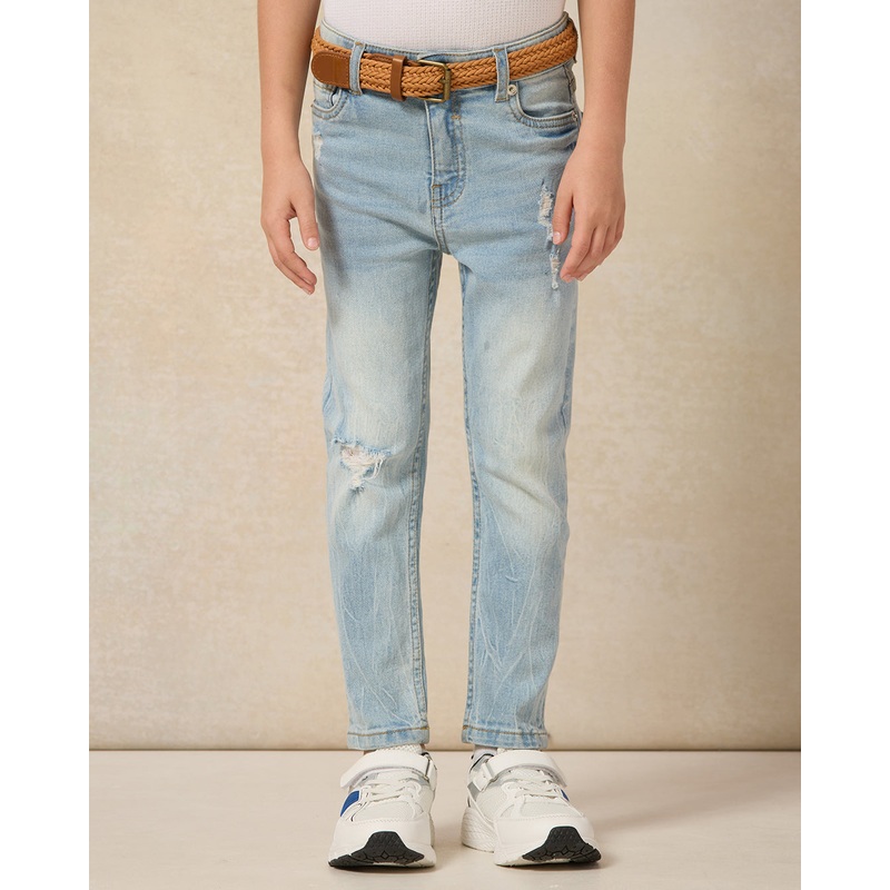 Boys Blue Plain Belted 5 Pocket Jeans
