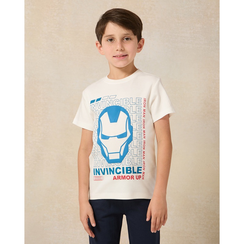 Boys Cream Printed Iron Man Short Sleeve T-Shirt