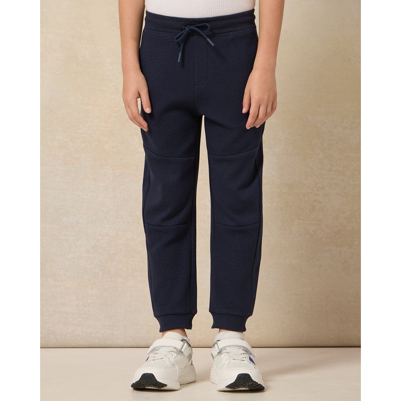 Boys Navy Plain Ottoman Paneled Jog Pants