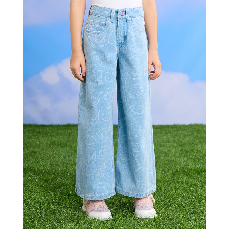 Girls Blue Denim Hello Kitty Print Wide leg Jeans