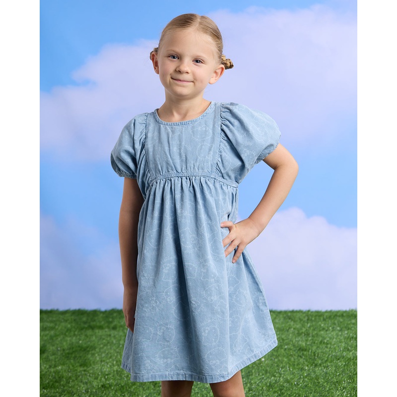 Girls Blue Printed Denim Dress