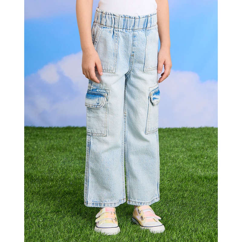Girls Blue Wide leg Cargo Jeans