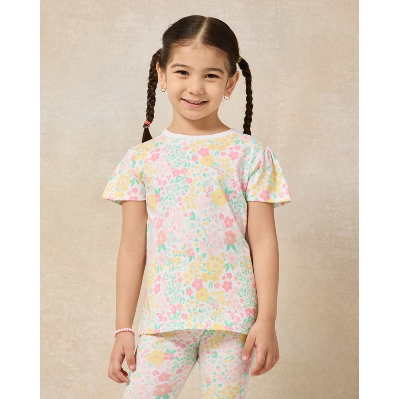 Girls White Floral Printed T-shirt