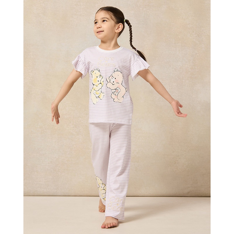 Girls White Striped Printed Pyjama Set (2 Piece)