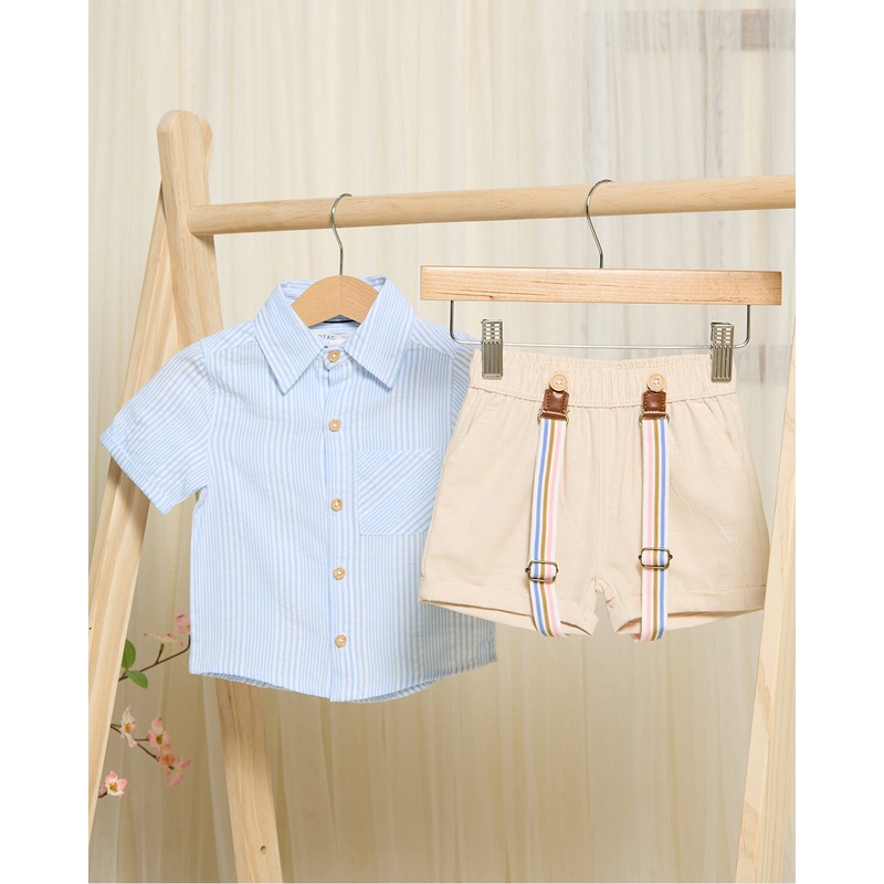 Infant Boys Blue And Beige Striped Shirt And Short With Suspender Set (2 Piece)