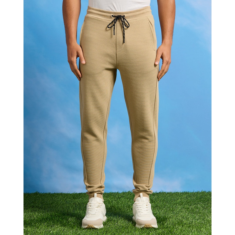 Men Beige Ottoman Ribbed Track Pants