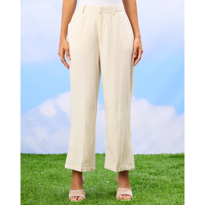 Women Beige Back Elasticated Linen Blend Wide Leg Trousers