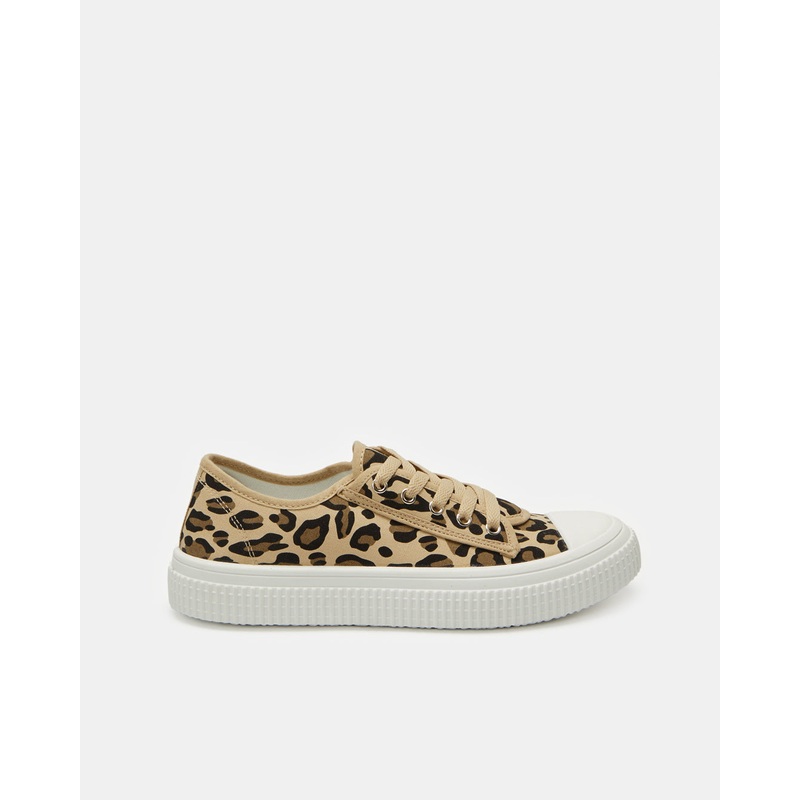 Women Beige Leopard Print Lace Up Sneakers
