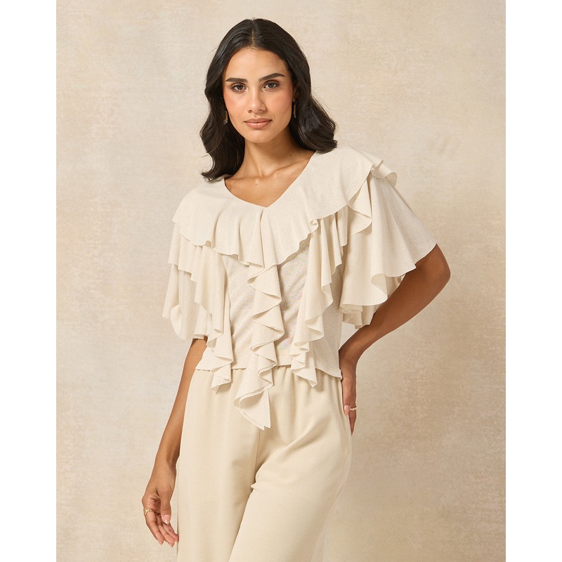 Women Beige Ruffle V Neck Jersey Top