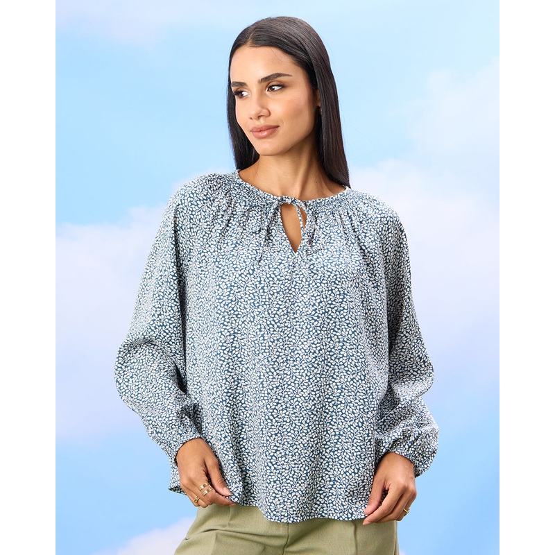 Women Blue Printed Volume Sleeve Tie Detailed Blouse