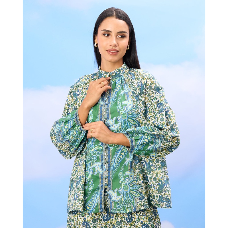 Women Green Printed Balloon Sleeve Button Down Blouse