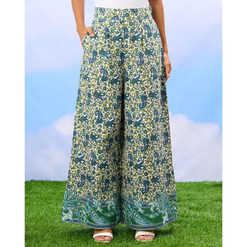 Women Green Printed Wide Leg Trousers