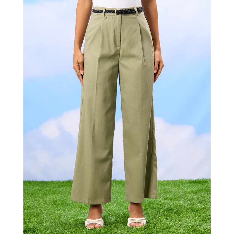 Women Green Wide Leg Linen Bend Belted Trousers
