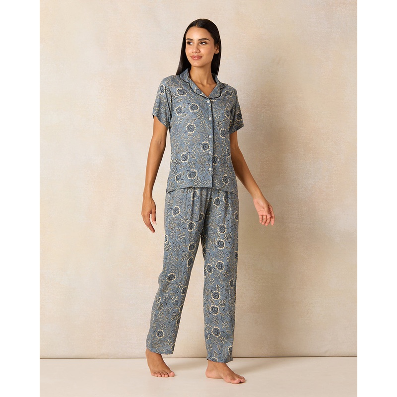 Women Grey Printed Pajama  Set (2 Piece)