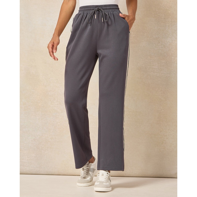 Women Grey Tape Detail Wide Leg Active Pants