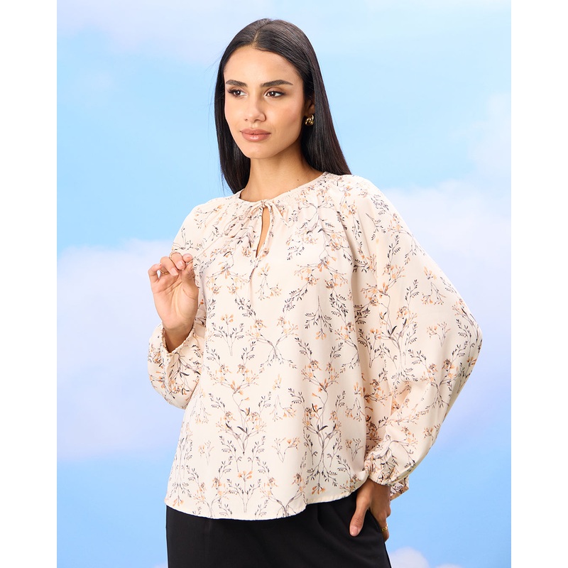 Women Ivory Printed Volume Sleeve Tie Detailed Blouse