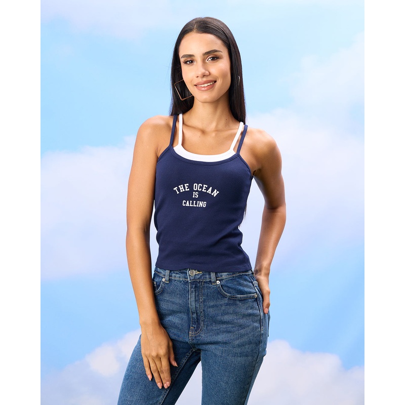 Women Navy And White Double Strap Printed Rib Vest